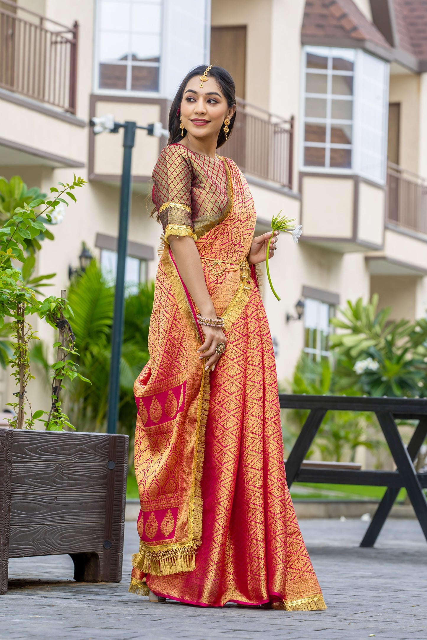 Royalika Peach Gold Mysore Brocade Silk Saree with Triple Jari Weaving & Dual Lace Work