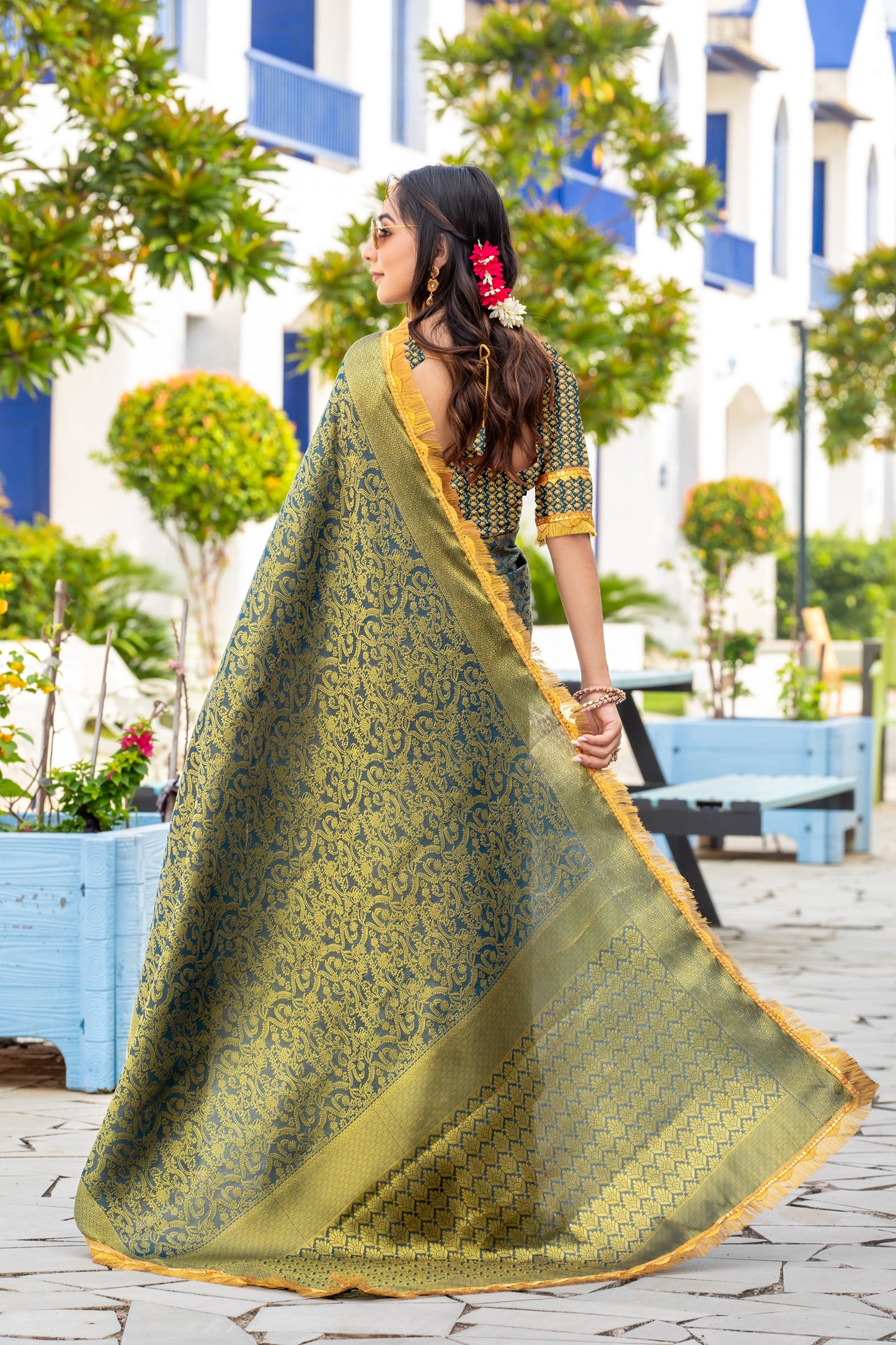 Royalika Royal Green Mysore Brocade Silk Saree with Triple Jari Weaving & Dual Lace Work