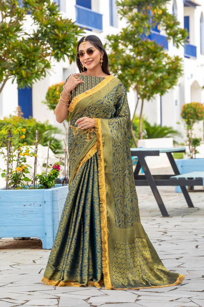 Royalika Royal Green Mysore Brocade Silk Saree with Triple Jari Weaving & Dual Lace Work