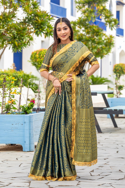 Royalika Royal Green Mysore Brocade Silk Saree with Triple Jari Weaving & Dual Lace Work