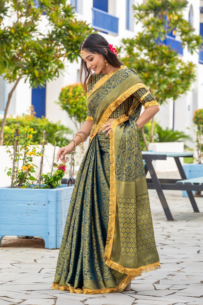 Royalika Royal Green Mysore Brocade Silk Saree with Triple Jari Weaving & Dual Lace Work