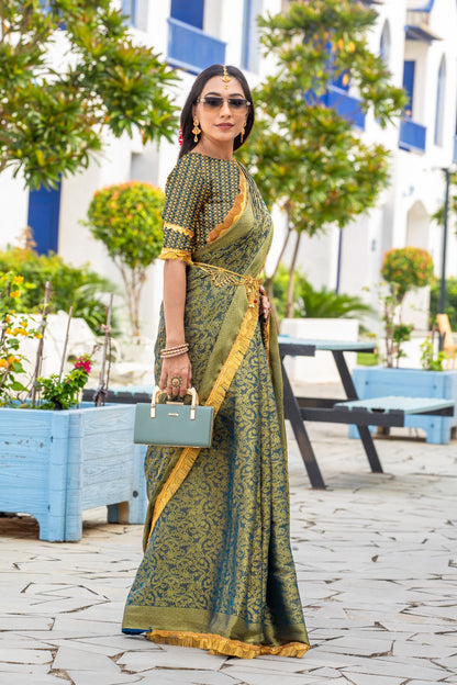 Royalika Royal Green Mysore Brocade Silk Saree with Triple Jari Weaving & Dual Lace Work