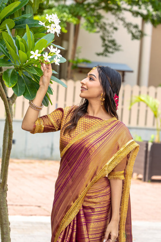 Royalika Gold & Purple Triple Woven Mysore Brocade Silk Saree with Dual Lace Work