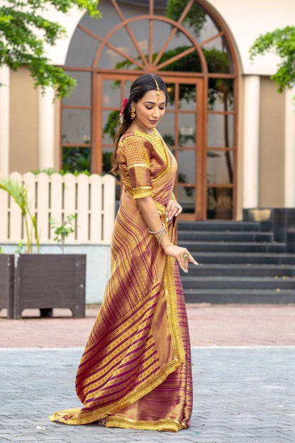 Royalika Gold & Purple Triple Woven Mysore Brocade Silk Saree with Dual Lace Work