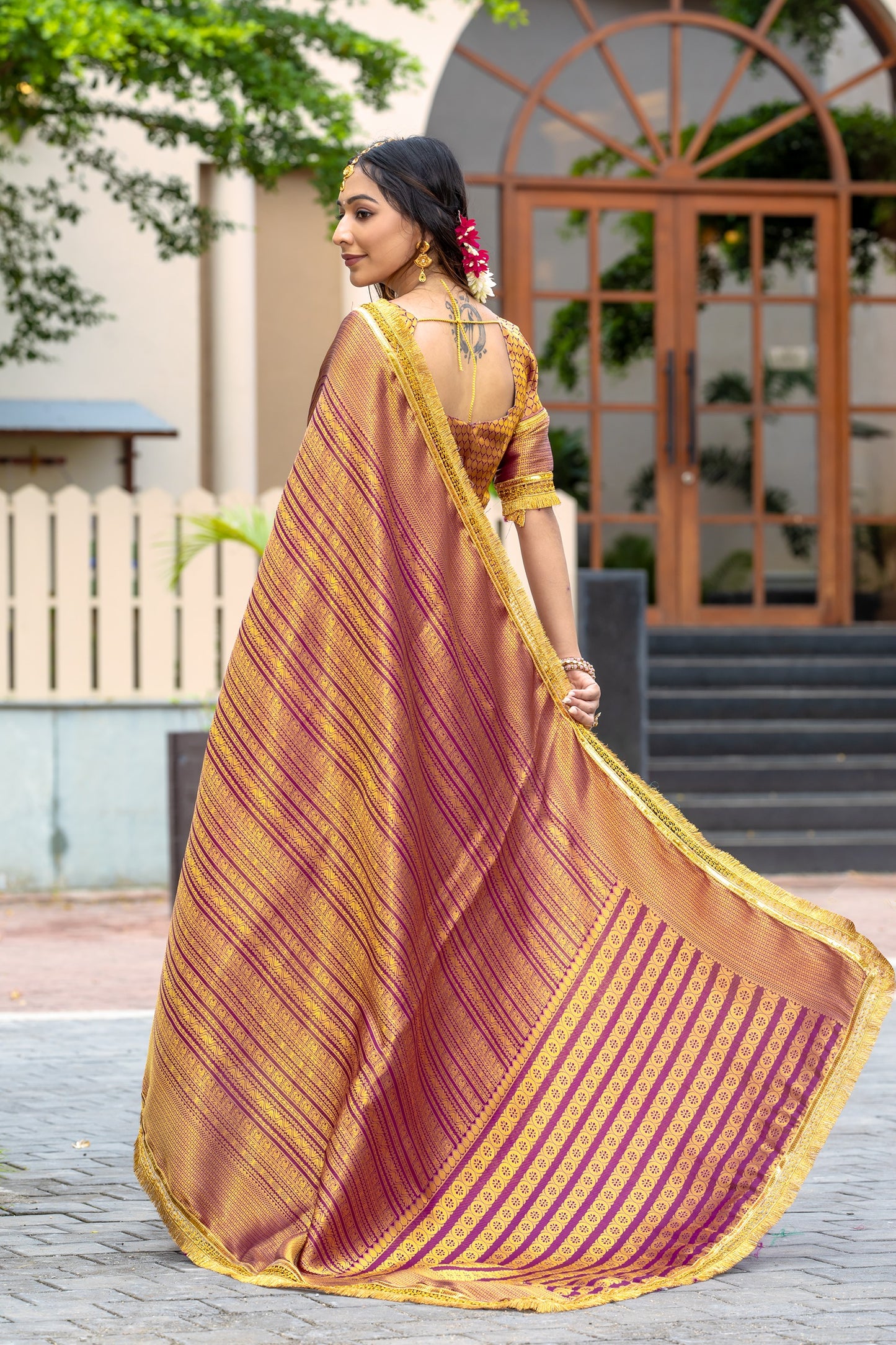 Royalika Gold & Purple Triple Woven Mysore Brocade Silk Saree with Dual Lace Work