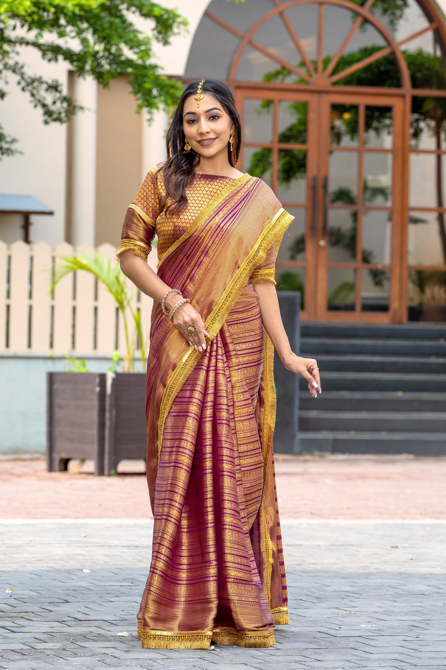 Royalika Gold & Purple Triple Woven Mysore Brocade Silk Saree with Dual Lace Work