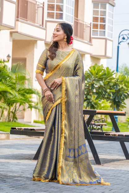 Royalika Sky Blue & Gold Triple Woven Mysore Brocade Silk Saree with Dual Lace Work