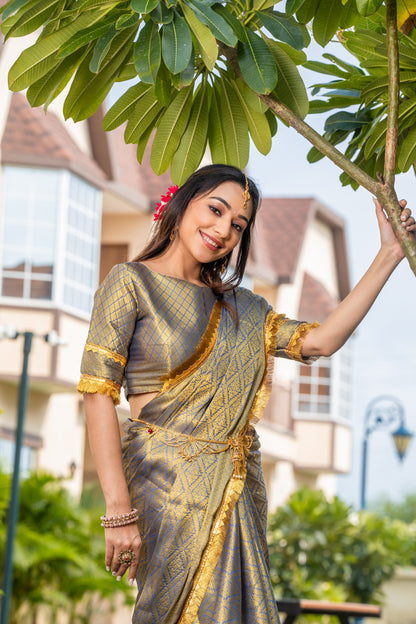 Royalika Sky Blue & Gold Triple Woven Mysore Brocade Silk Saree with Dual Lace Work