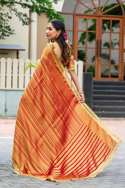 Royalika Red & Gold Triple Woven Mysore Brocade Silk Saree with Dual Lace Work