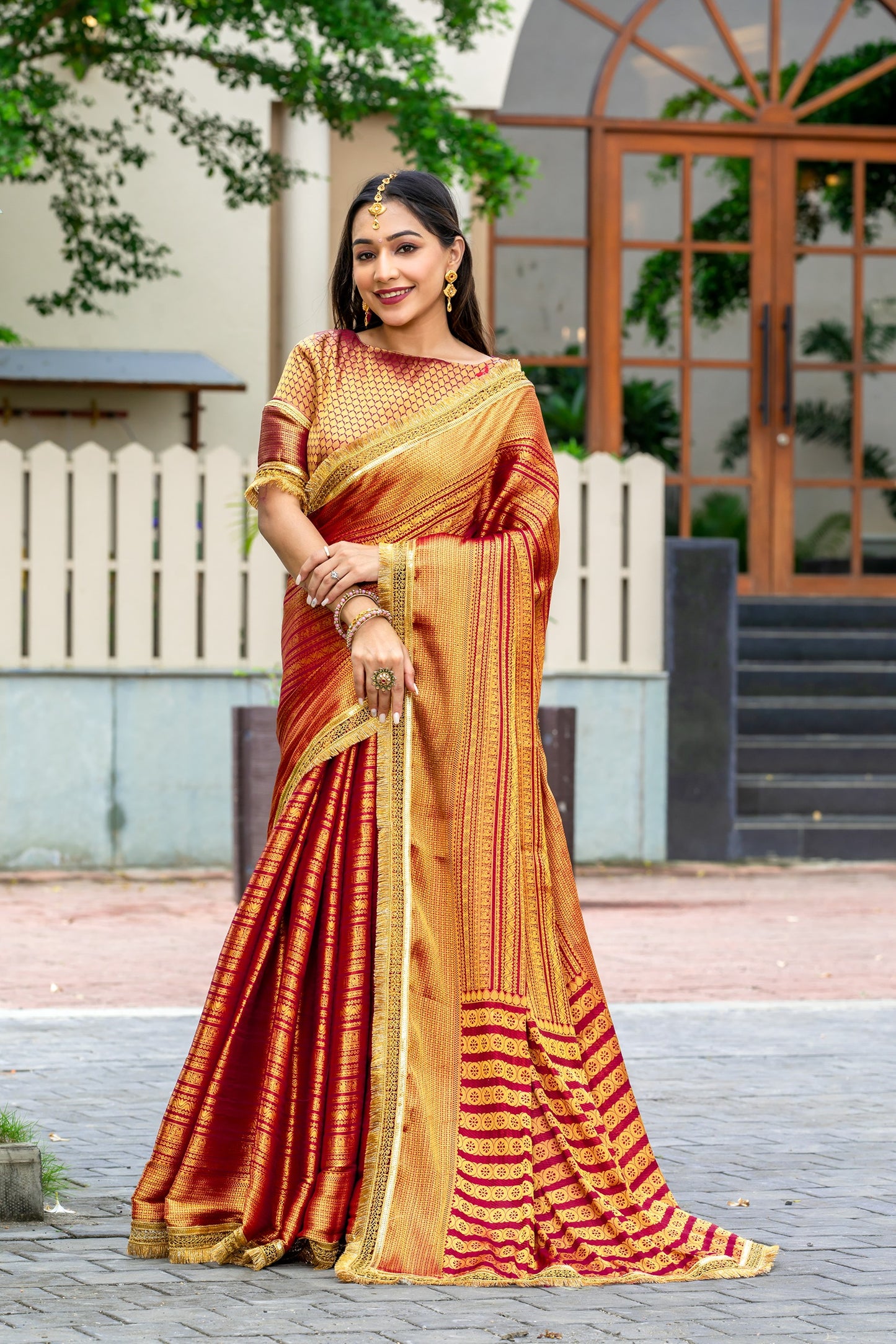 Royalika Red & Gold Triple Woven Mysore Brocade Silk Saree with Dual Lace Work