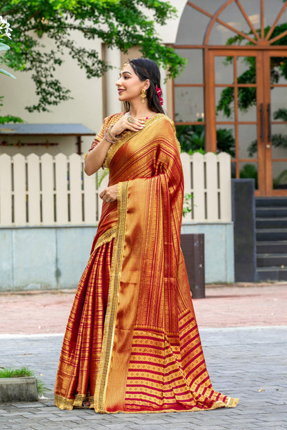 Royalika Red & Gold Triple Woven Mysore Brocade Silk Saree with Dual Lace Work