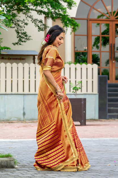 Royalika Red & Gold Triple Woven Mysore Brocade Silk Saree with Dual Lace Work