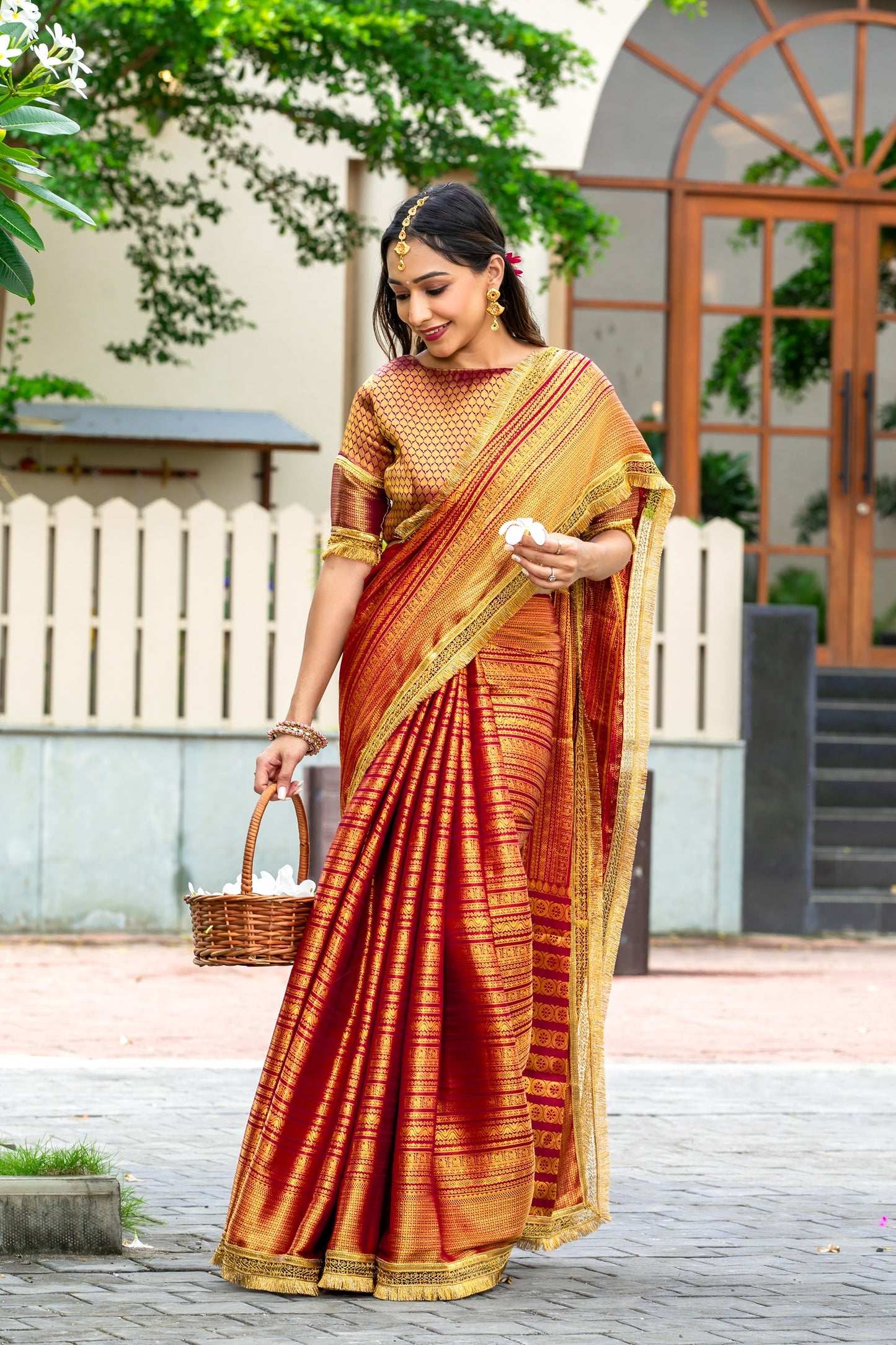 Royalika Red & Gold Triple Woven Mysore Brocade Silk Saree with Dual Lace Work