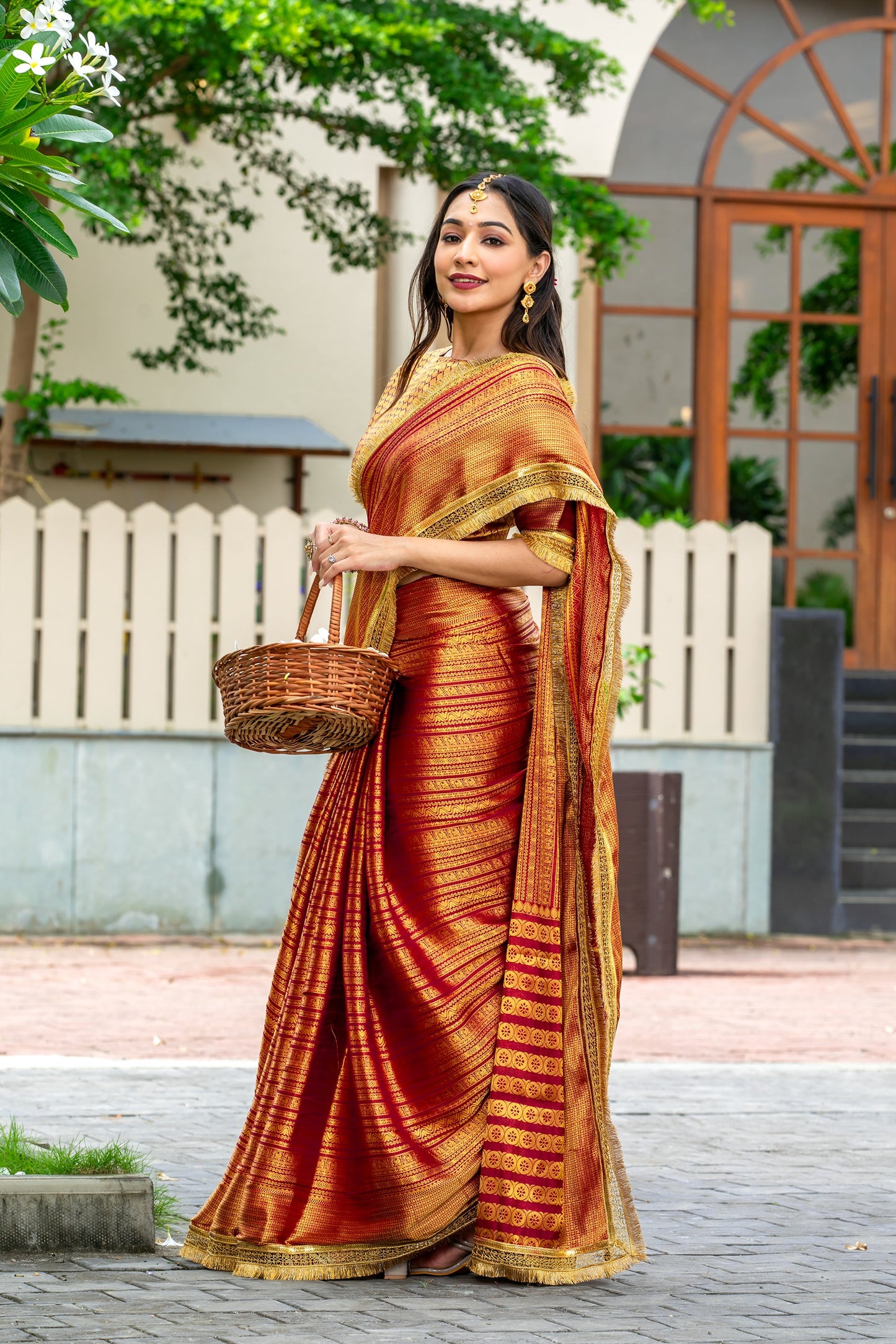 Royalika Red & Gold Triple Woven Mysore Brocade Silk Saree with Dual Lace Work