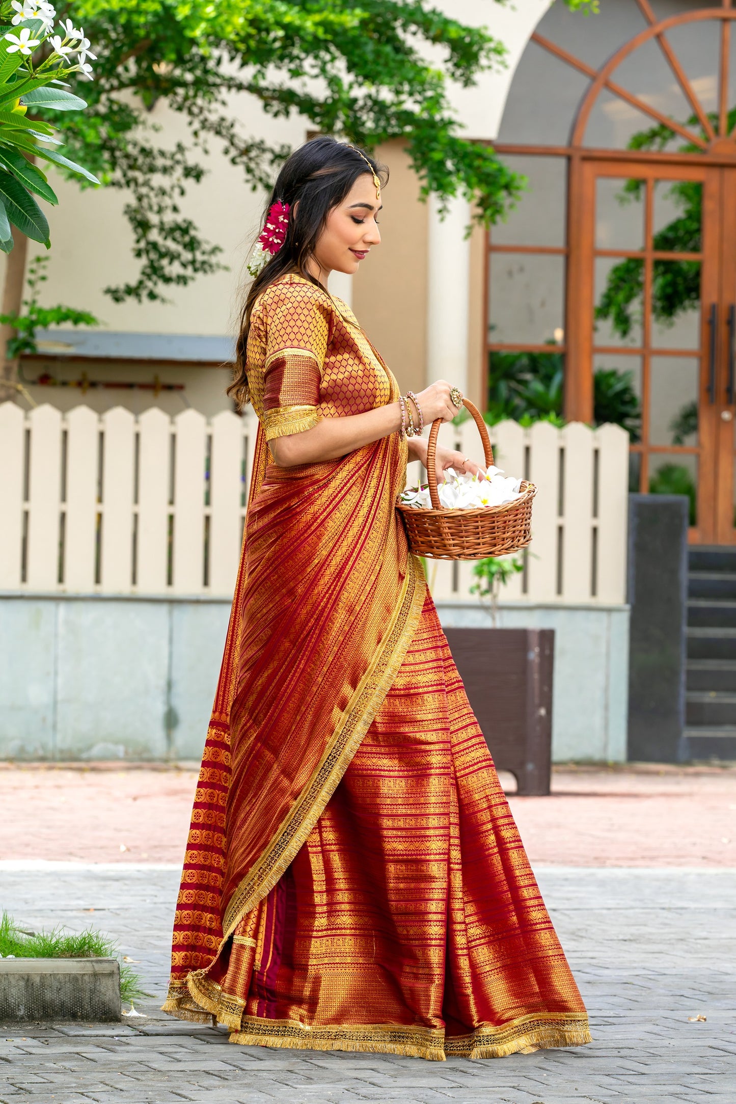 Royalika Red & Gold Triple Woven Mysore Brocade Silk Saree with Dual Lace Work