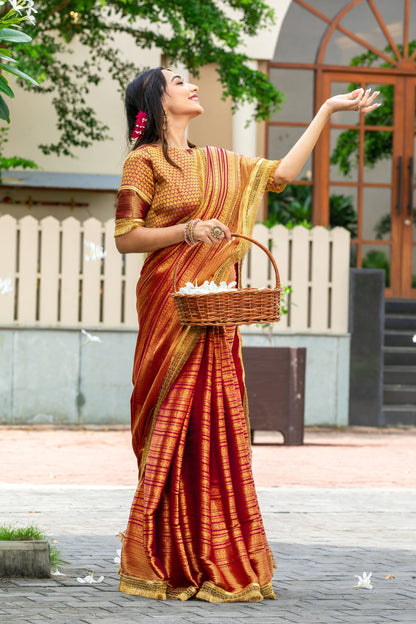 Royalika Red & Gold Triple Woven Mysore Brocade Silk Saree with Dual Lace Work