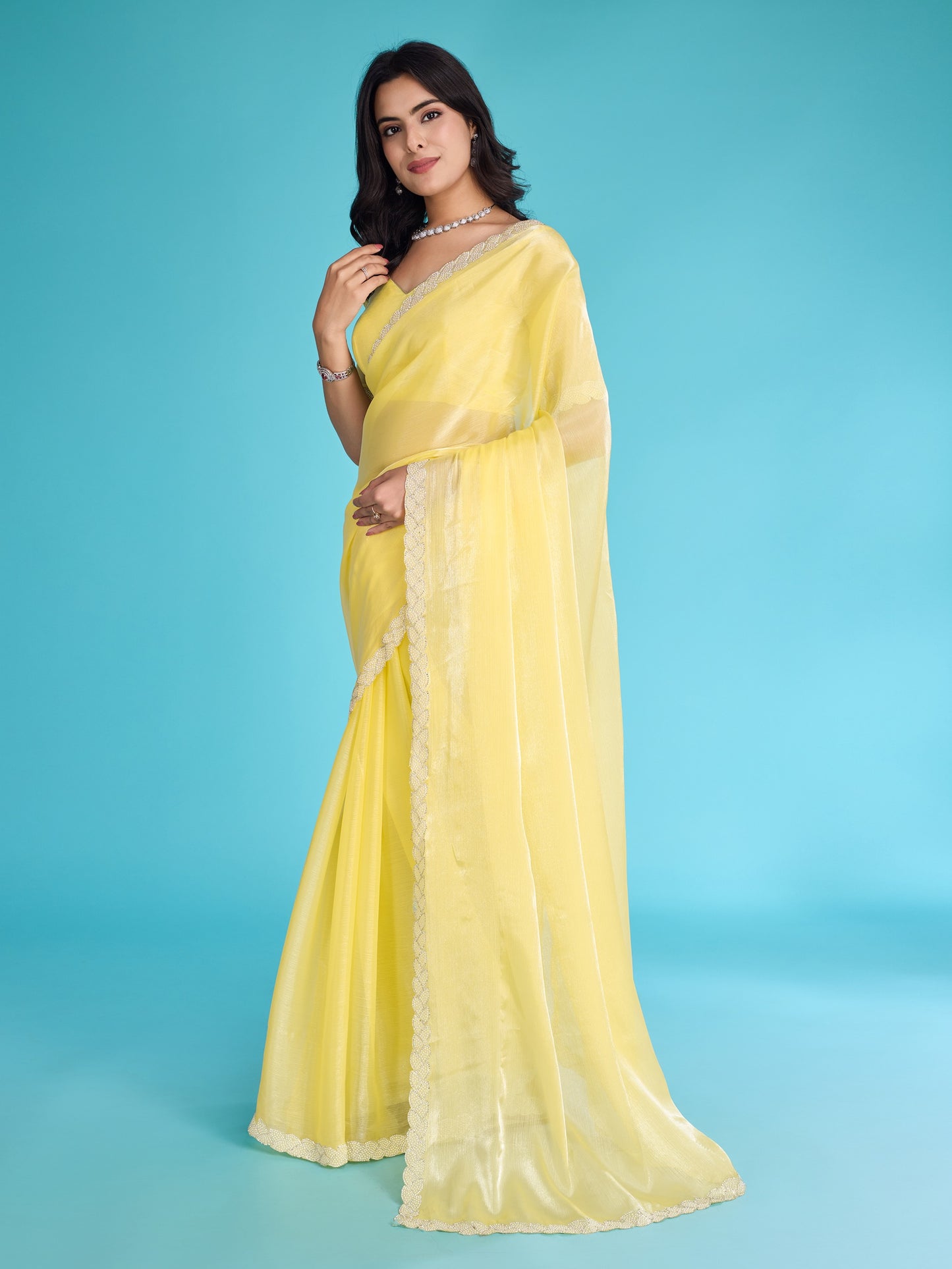 Mango Yellow Tissue Burberry Saree