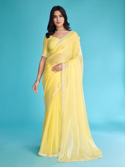 Mango Yellow Tissue Burberry Saree