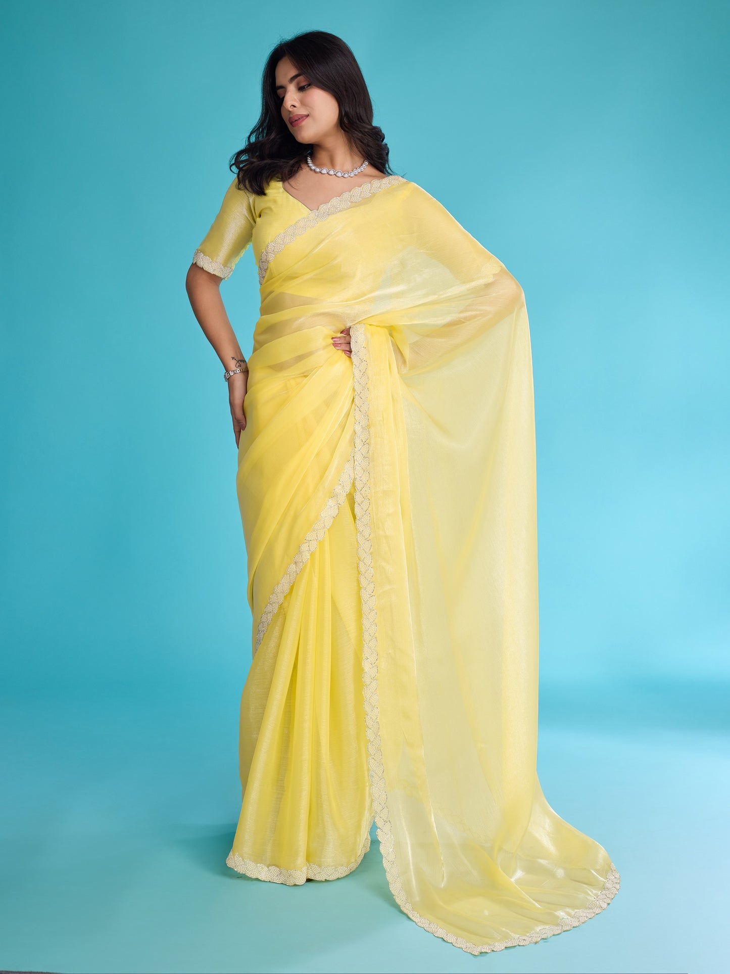 Mango Yellow Tissue Burberry Saree