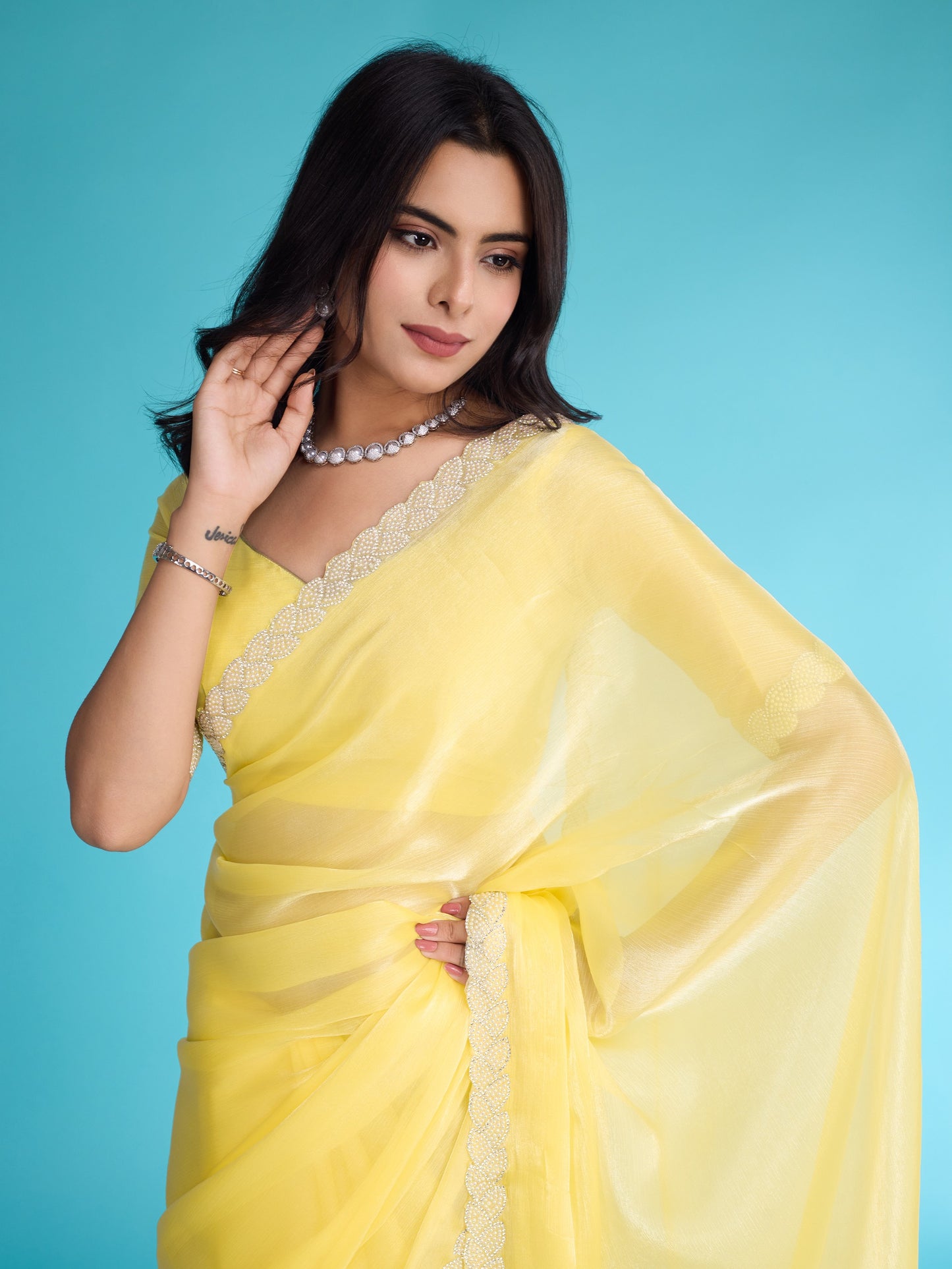 Mango Yellow Tissue Burberry Saree