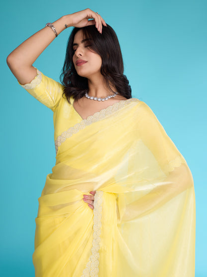 Mango Yellow Tissue Burberry Saree