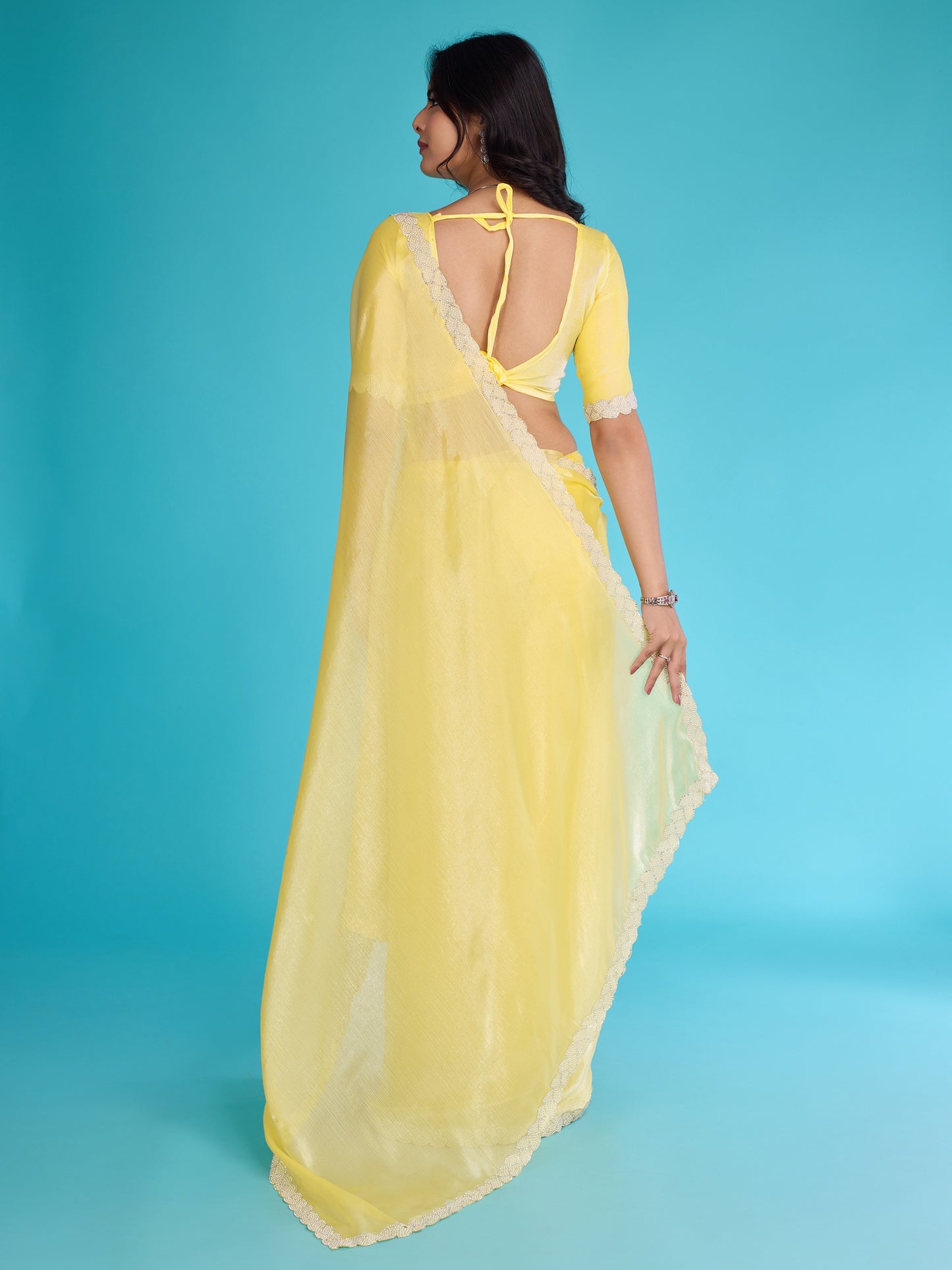 Mango Yellow Tissue Burberry Saree