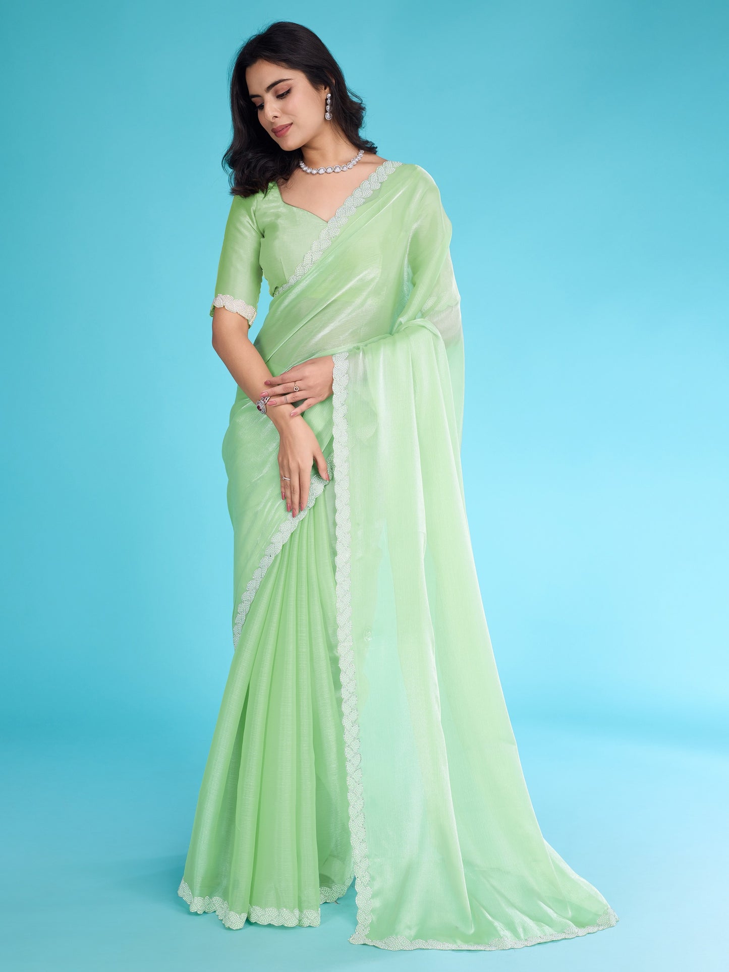 Light Green Tissue Burberry Saree