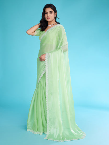 Light Green Tissue Burberry Saree