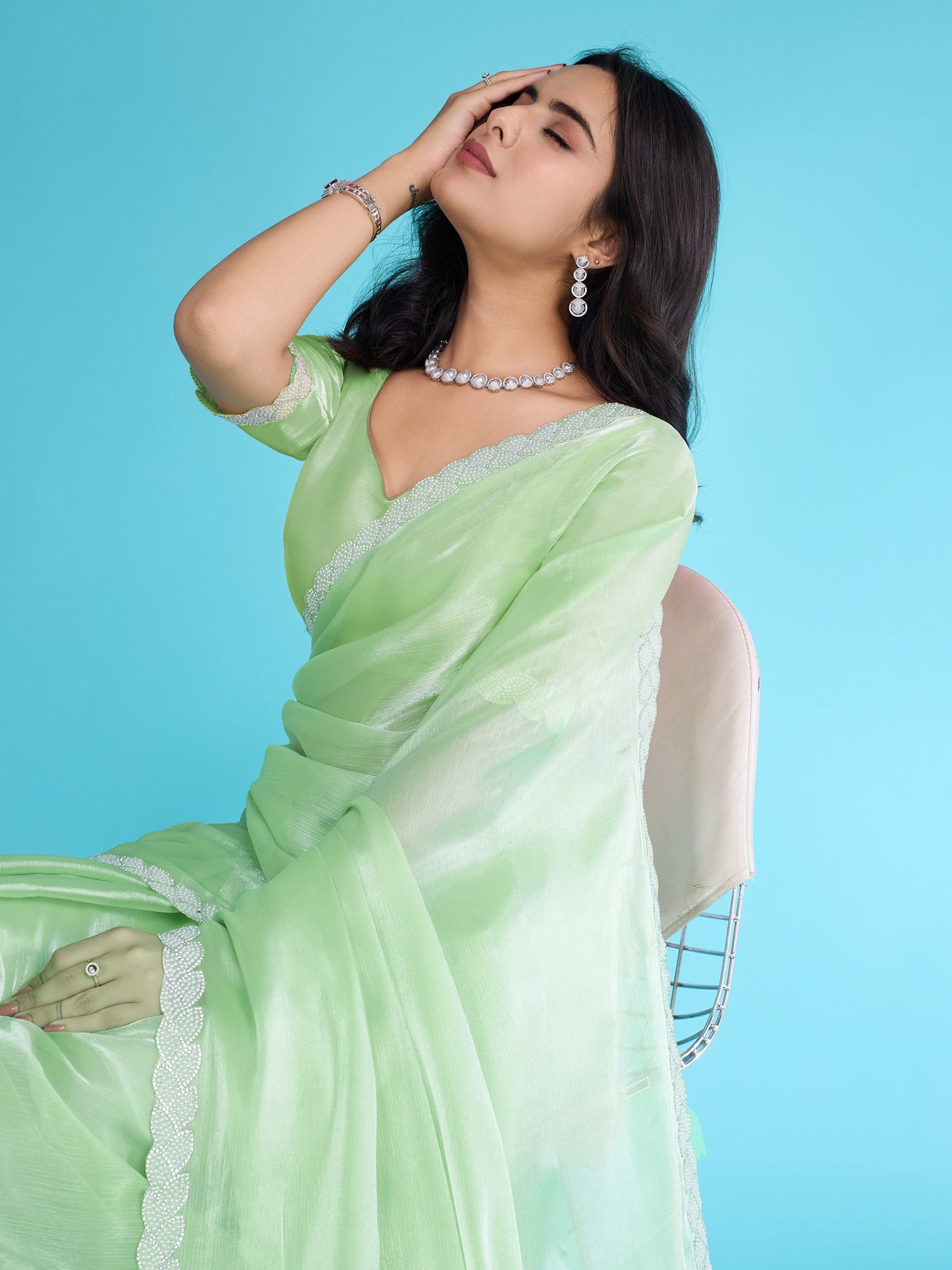 Light Green Tissue Burberry Saree