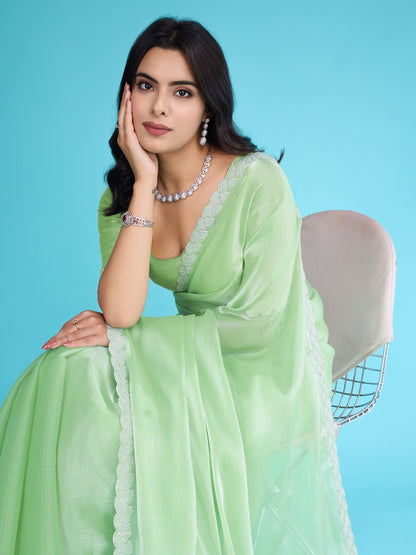 Light Green Tissue Burberry Saree