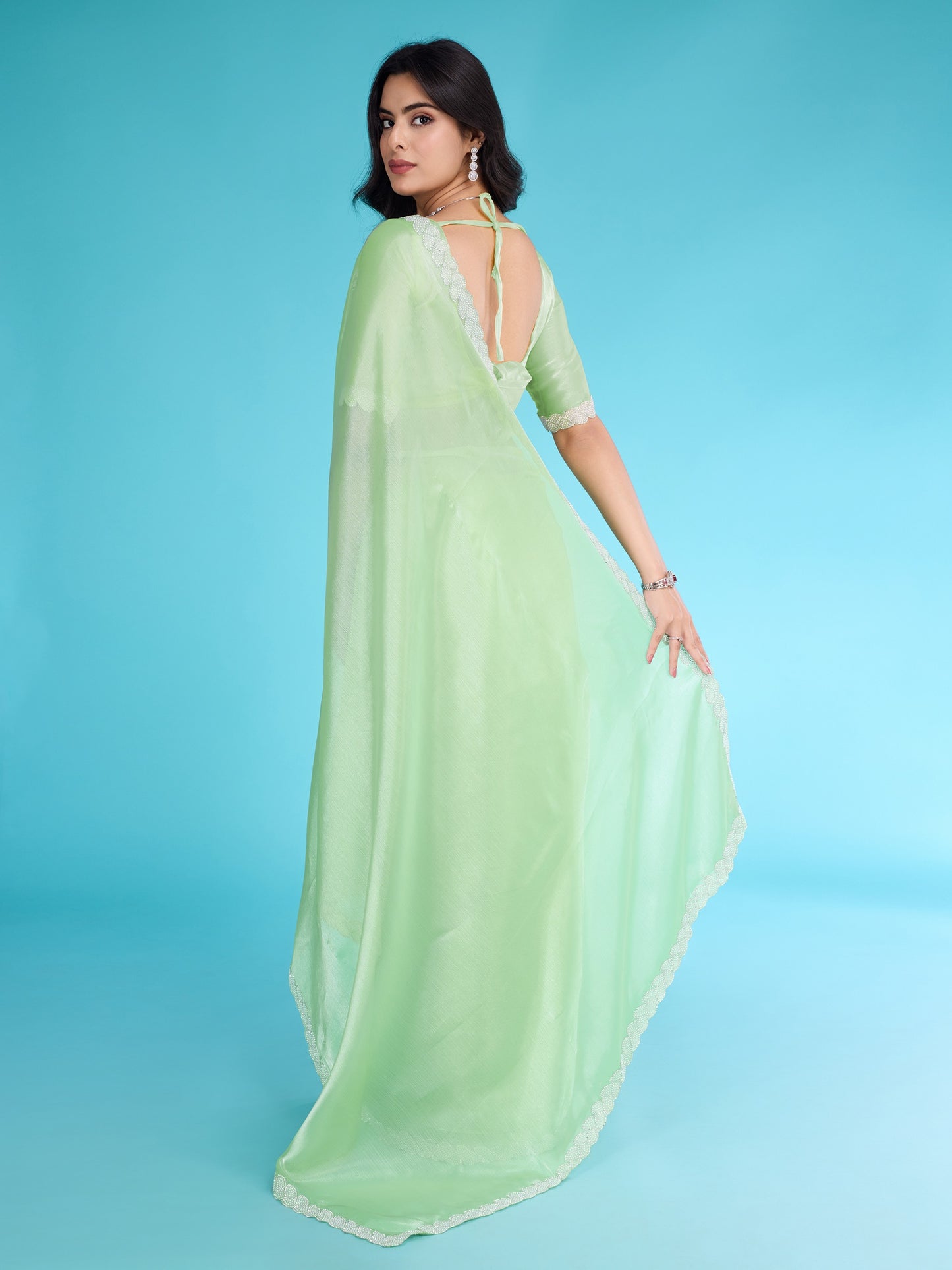 Light Green Tissue Burberry Saree