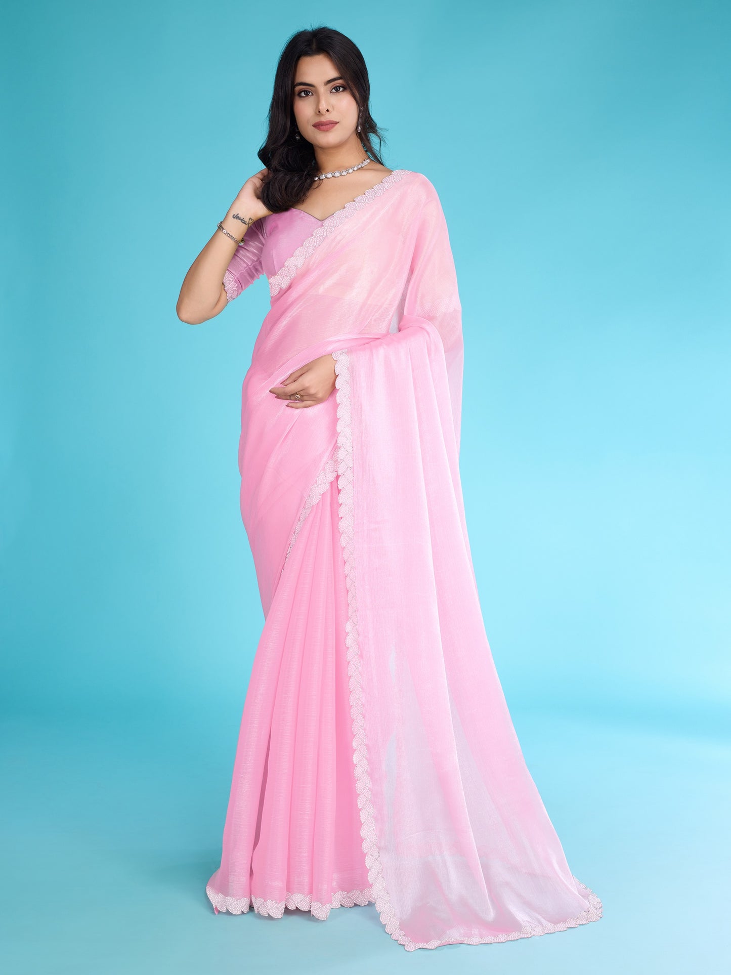 Baby Pink Tissue Burberry Saree,