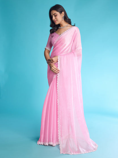 Baby Pink Tissue Burberry Saree,