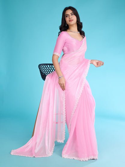 Baby Pink Tissue Burberry Saree,