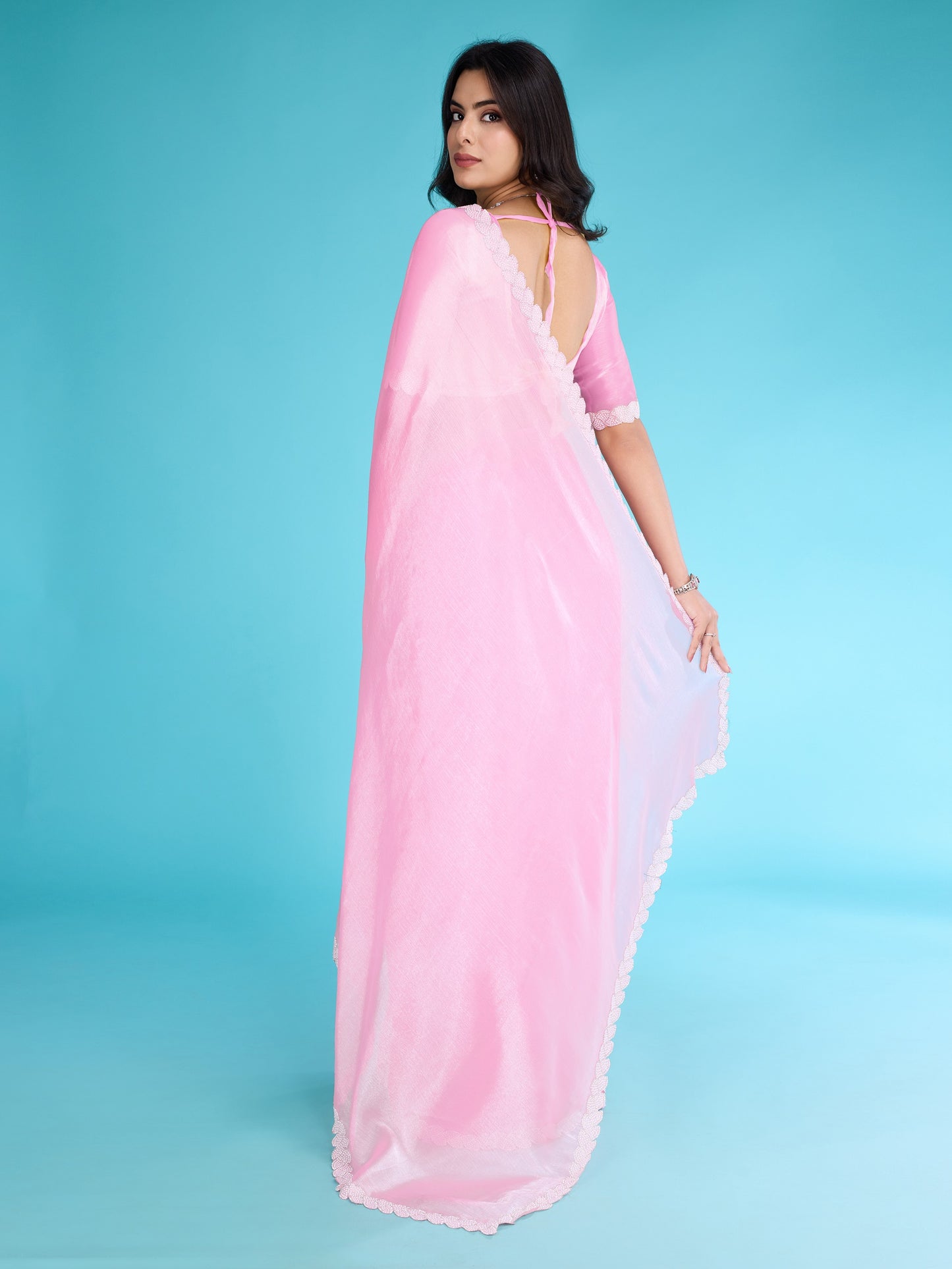 Baby Pink Tissue Burberry Saree,