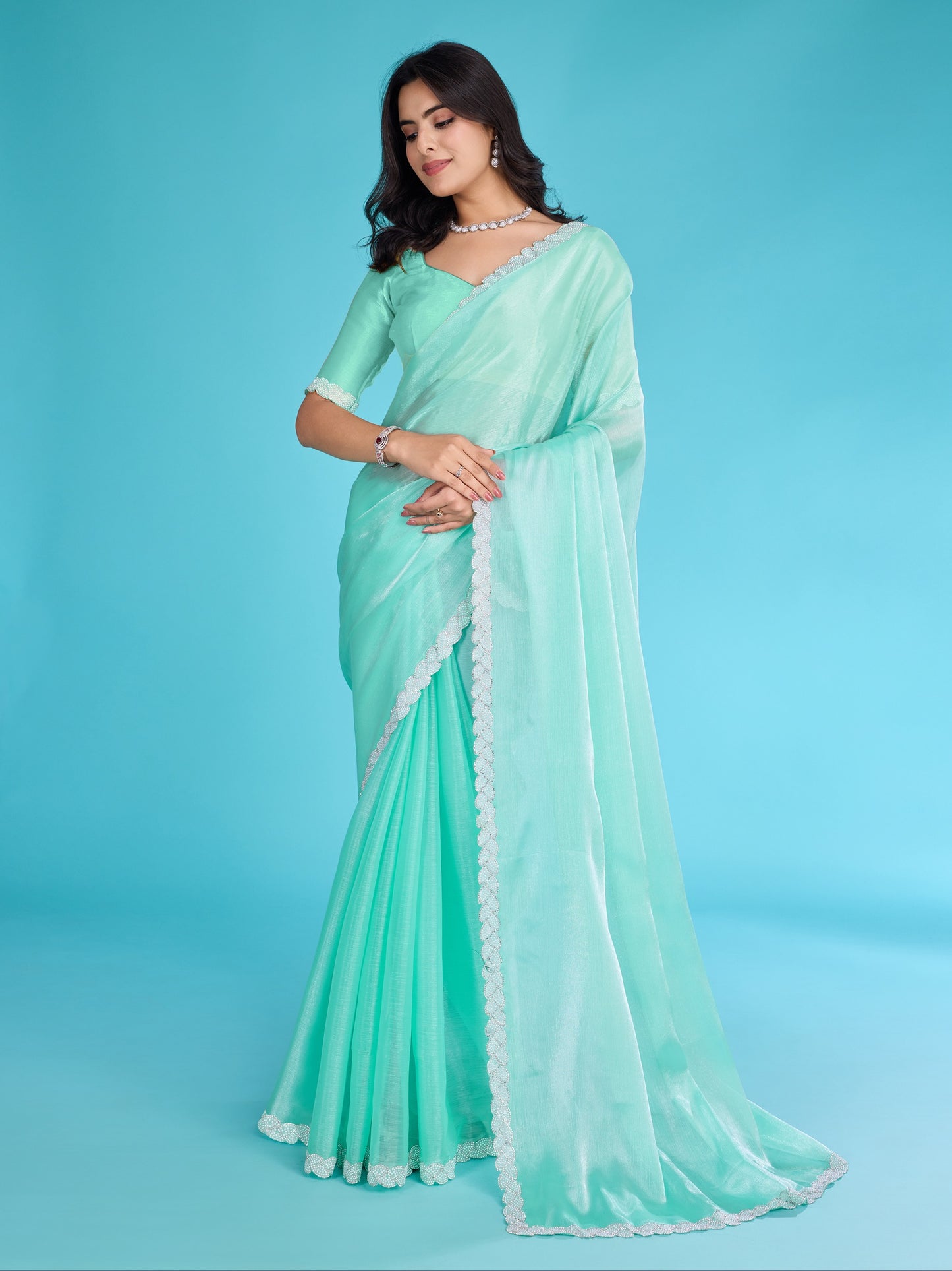 Ocean Green Tissue Burberry Saree