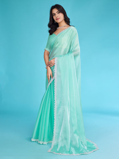 Ocean Green Tissue Burberry Saree