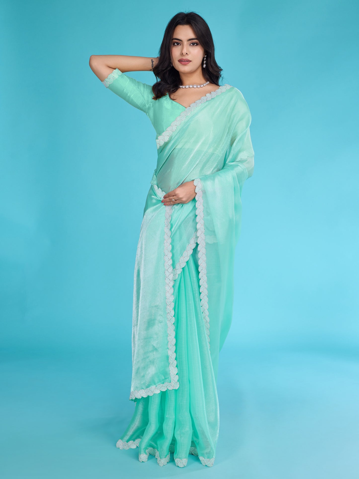 Ocean Green Tissue Burberry Saree