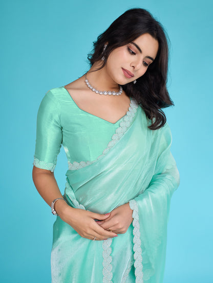 Ocean Green Tissue Burberry Saree