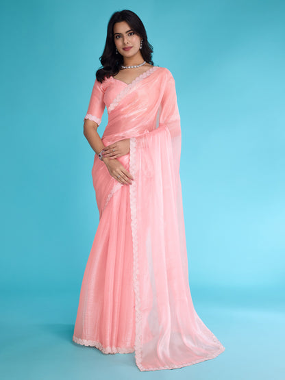 Light Peach Tissue Burberry Saree