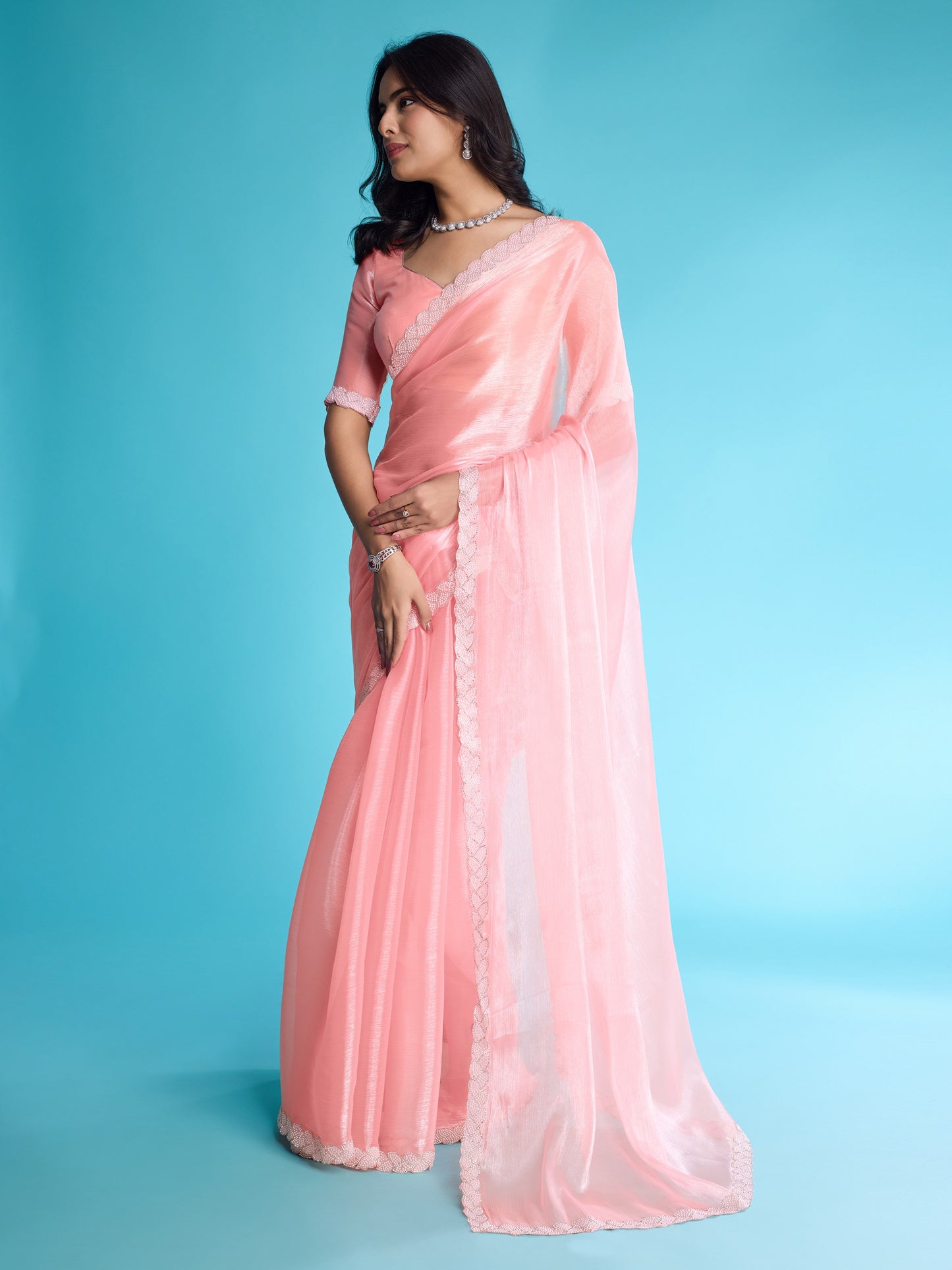 Light Peach Tissue Burberry Saree