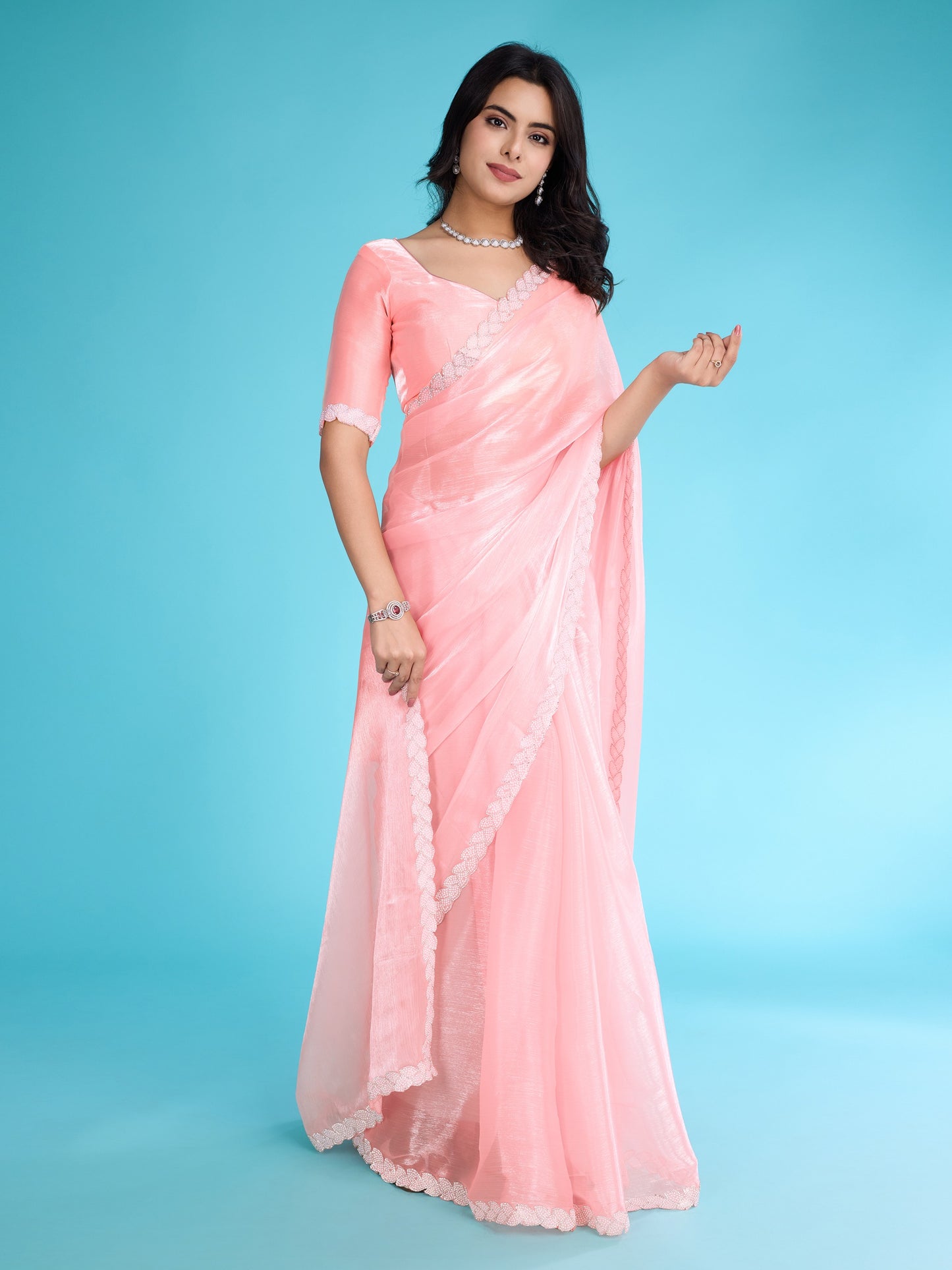 Light Peach Tissue Burberry Saree