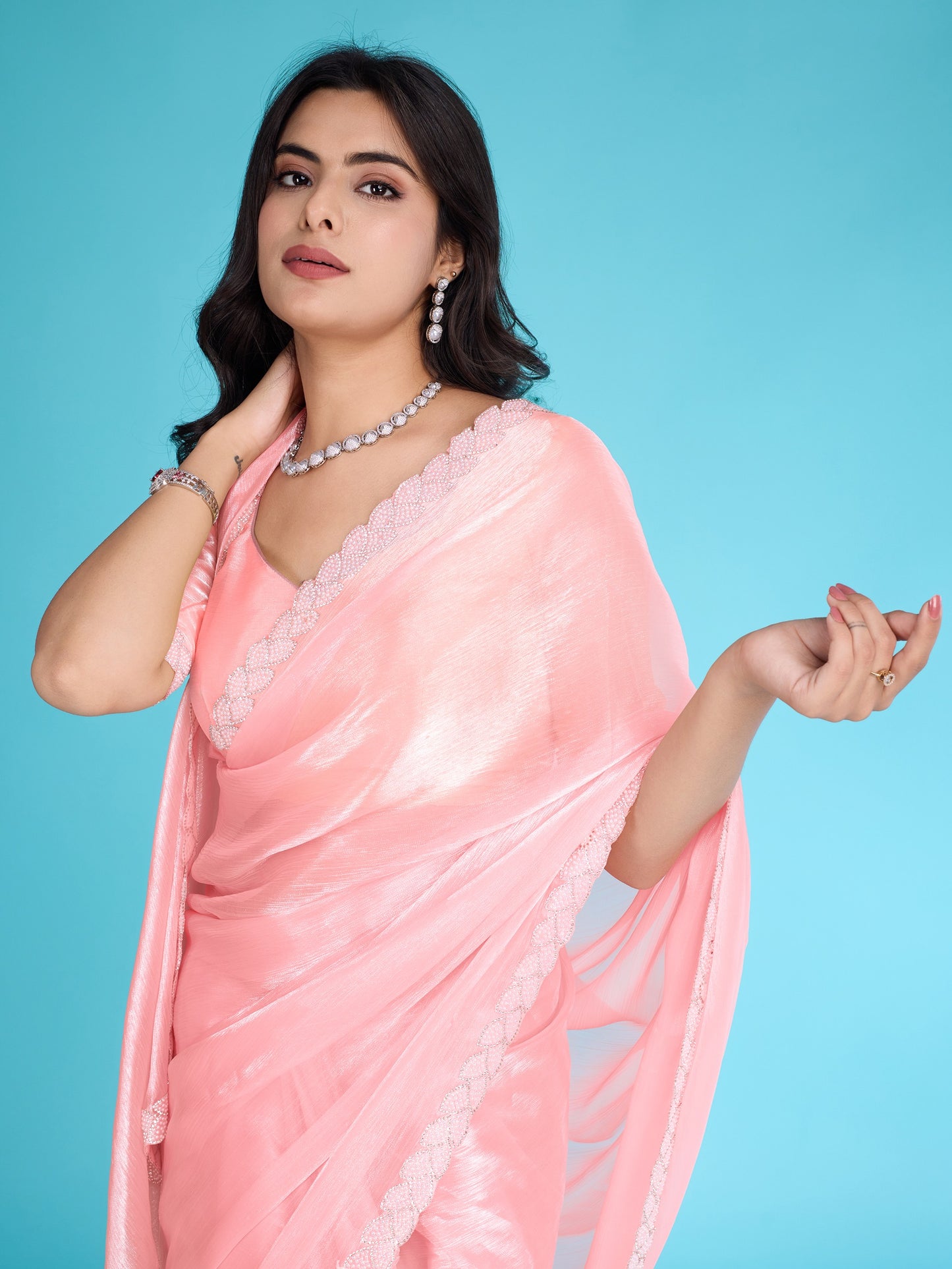 Light Peach Tissue Burberry Saree