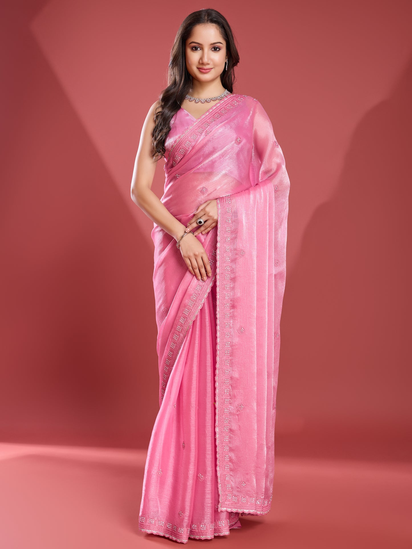 Elegant Soft Tissue Burberry Saree – Silky Pink