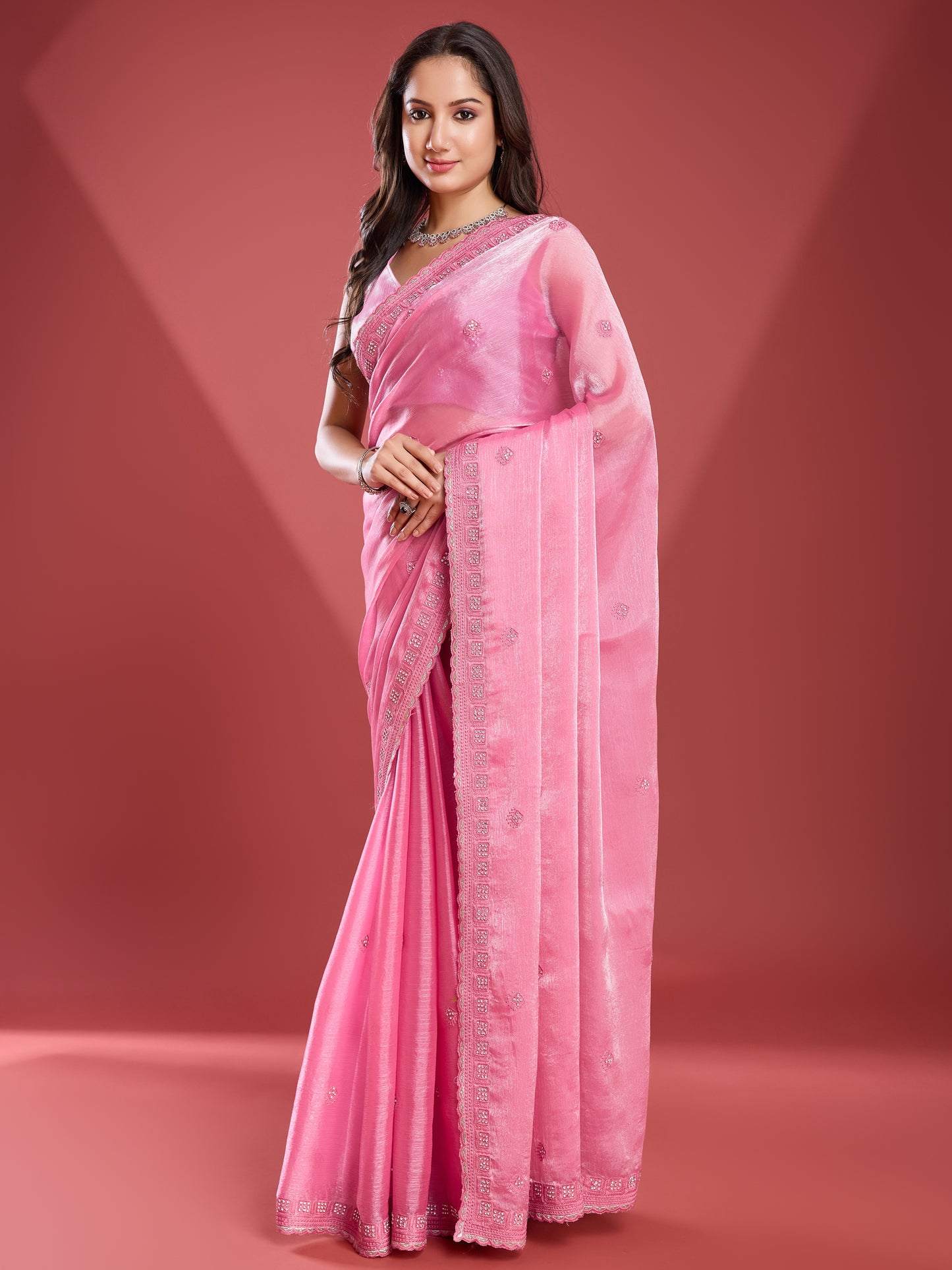 Elegant Soft Tissue Burberry Saree – Silky Pink