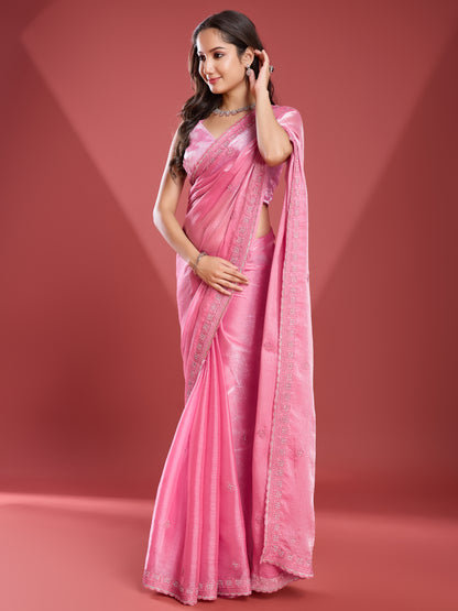 Elegant Soft Tissue Burberry Saree – Silky Pink