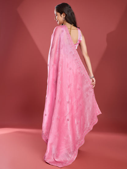 Elegant Soft Tissue Burberry Saree – Silky Pink