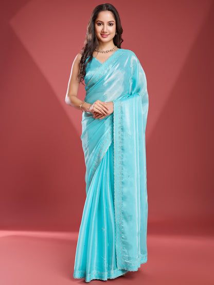 Regal Soft Tissue Burberry Saree – Shiny Blue