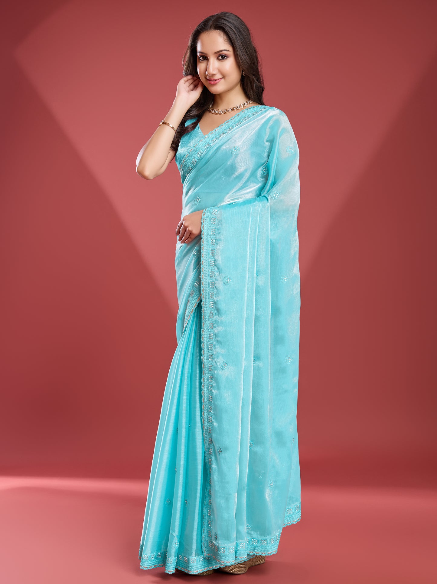 Regal Soft Tissue Burberry Saree – Shiny Blue