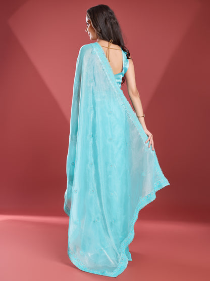 Regal Soft Tissue Burberry Saree – Shiny Blue